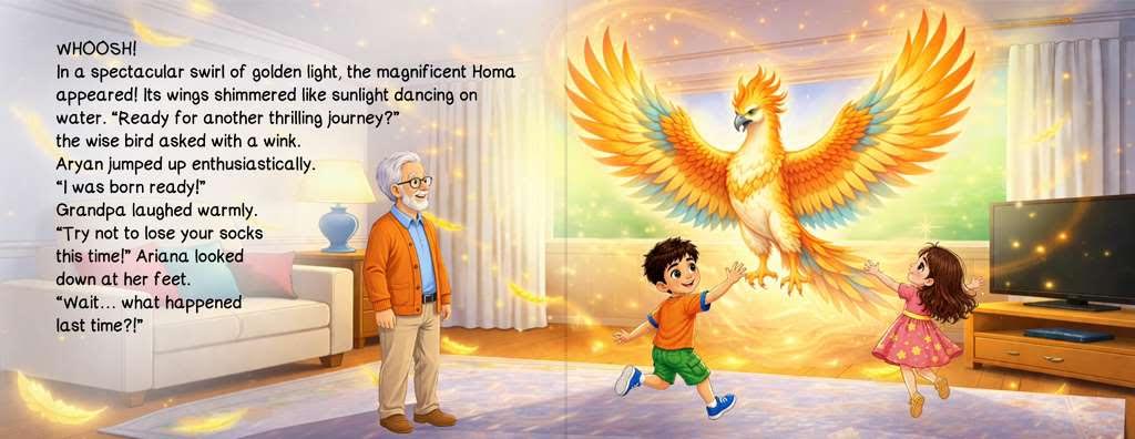 Book spread — Homa the magnificent phoenix appears in a swirl of golden light, ready to take Aryan and Ariana on another thrilling journey