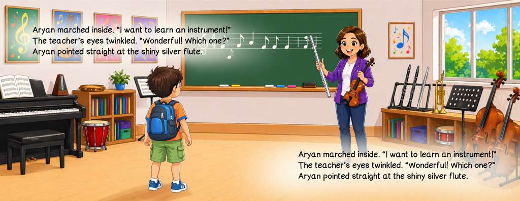 Book two spread — Aryan tells his music teacher he wants to learn an instrument and points at a shiny silver flute surrounded by a classroom full of instruments