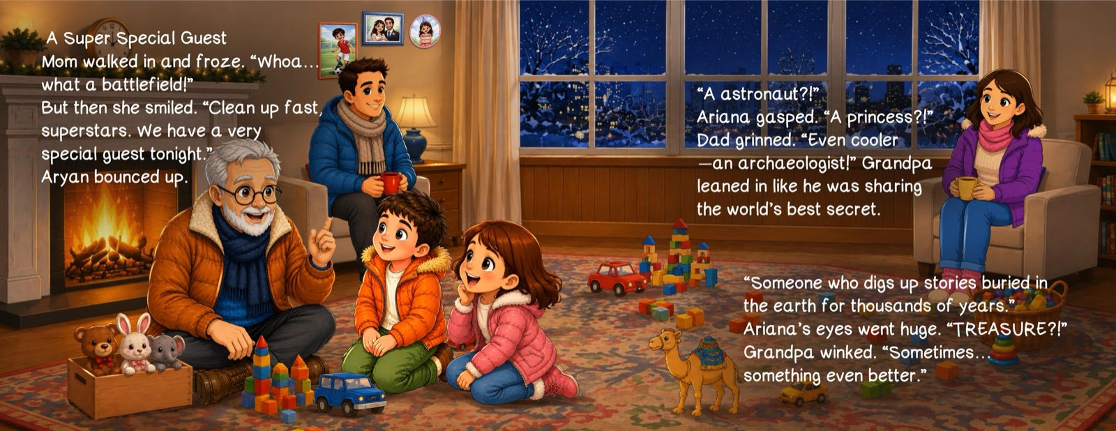 Book three spread — the family gathers by the fireplace as Grandpa, the special guest, leans in to tell Aryan and Ariana that he's an archaeologist — someone who digs up stories buried in the earth for thousands of years