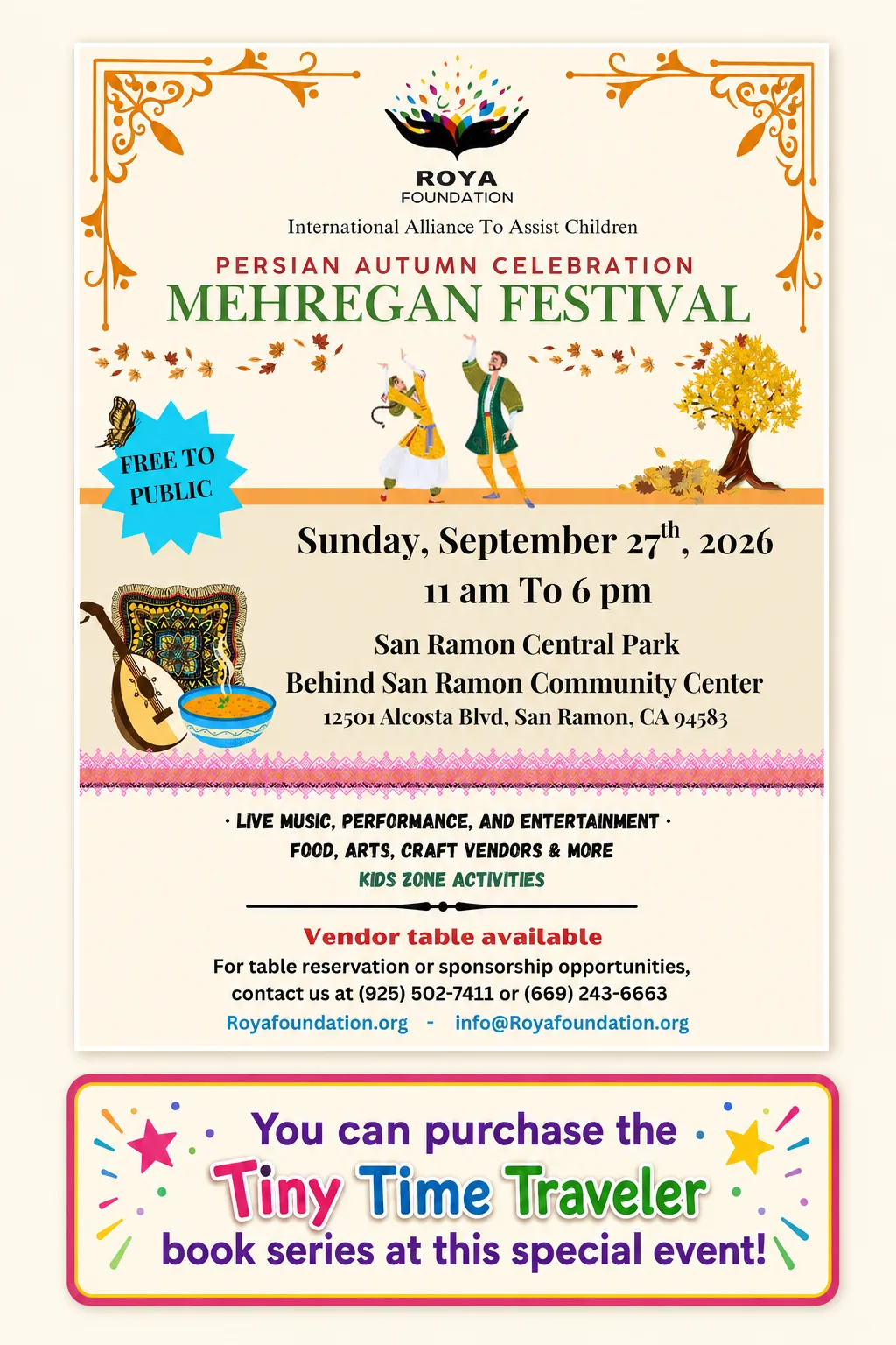 Flyer for the Roya Foundation's Persian Autumn Celebration Mehregan Festival at San Ramon Central Park.