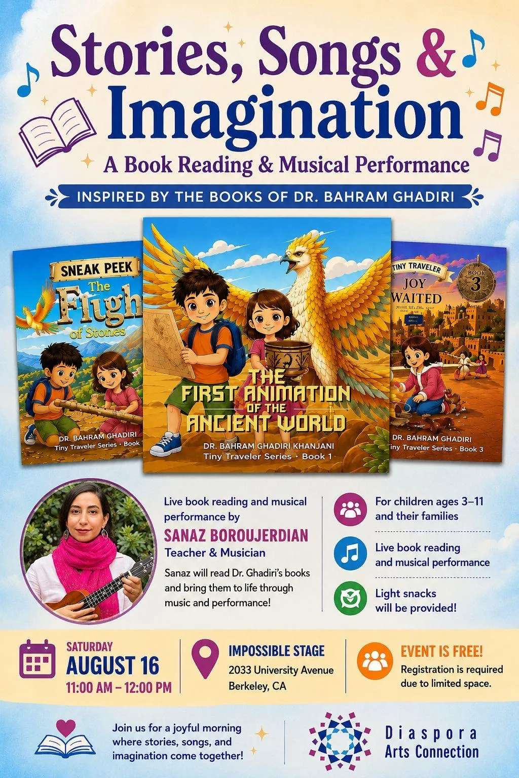 Event flyer for Stories, Songs & Imagination, a book reading and musical performance inspired by the books of Dr. Bahram Ghadiri, Saturday August 16 in Berkeley, CA, hosted by Diaspora Arts Connection.