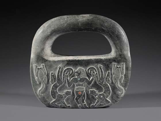 Carved chlorite handbag-shaped vessel from Jiroft showing a hero grappling with two serpents